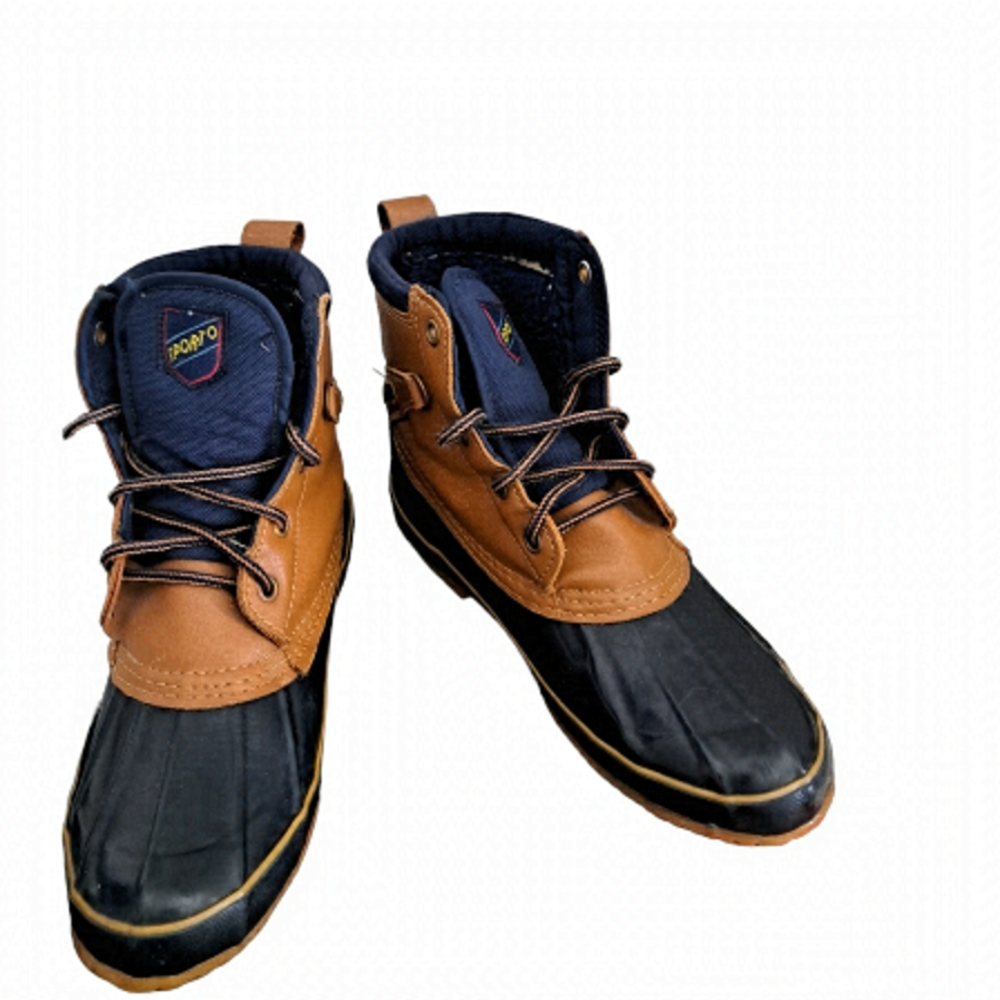 SPORTO Duck boots short booties winter slush rain all weather tan blue worn M 7